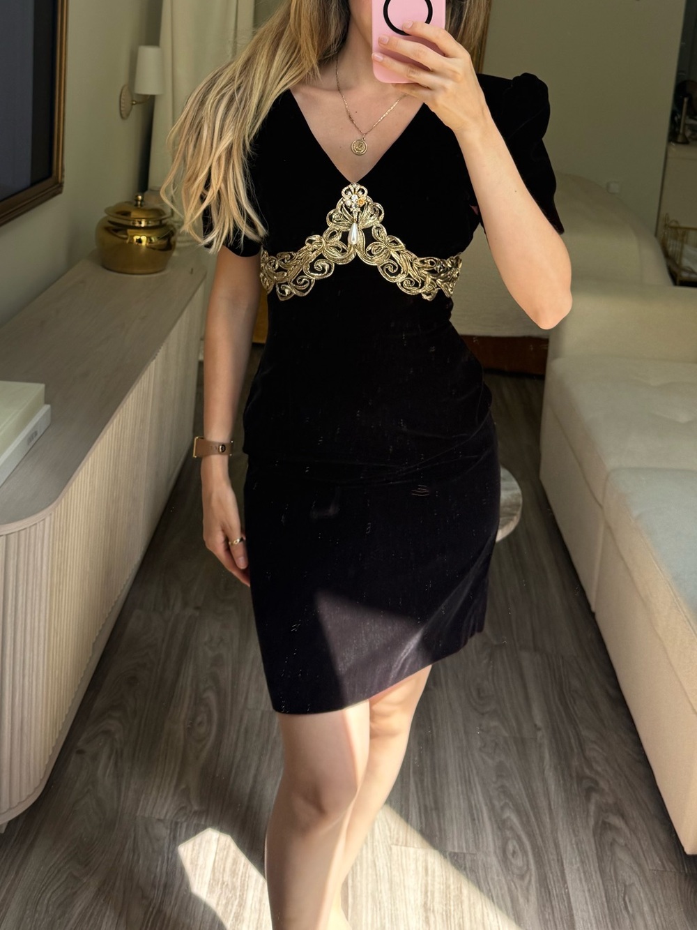Vintage Scott McClintock Black Velvet Dress Gold Baroque Embroidered Mini Size 6